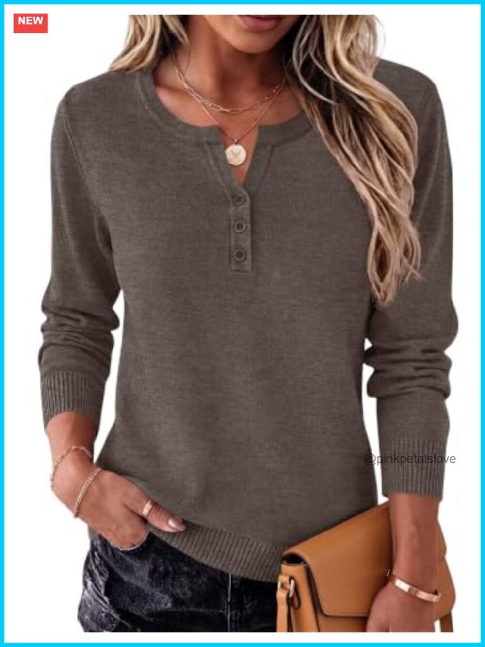 Wool Blend V Neck Long Sleeve Pullover Sweater Button Henley